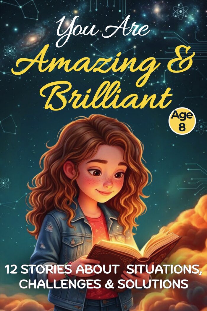 Cover of You Are Amazing & Brilliant, Age 8: a girl in a denim jacket reading a glowing book against a starry sky.