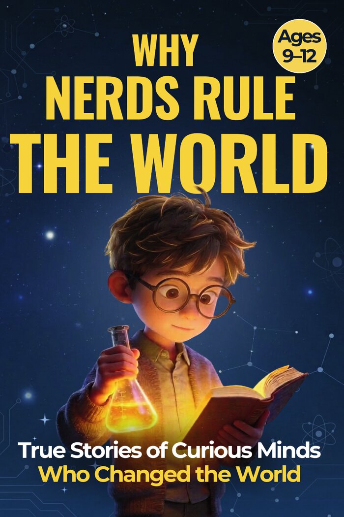 Cover of Why Nerds Rule the World: a boy in glasses holding a glowing flask and an open book.